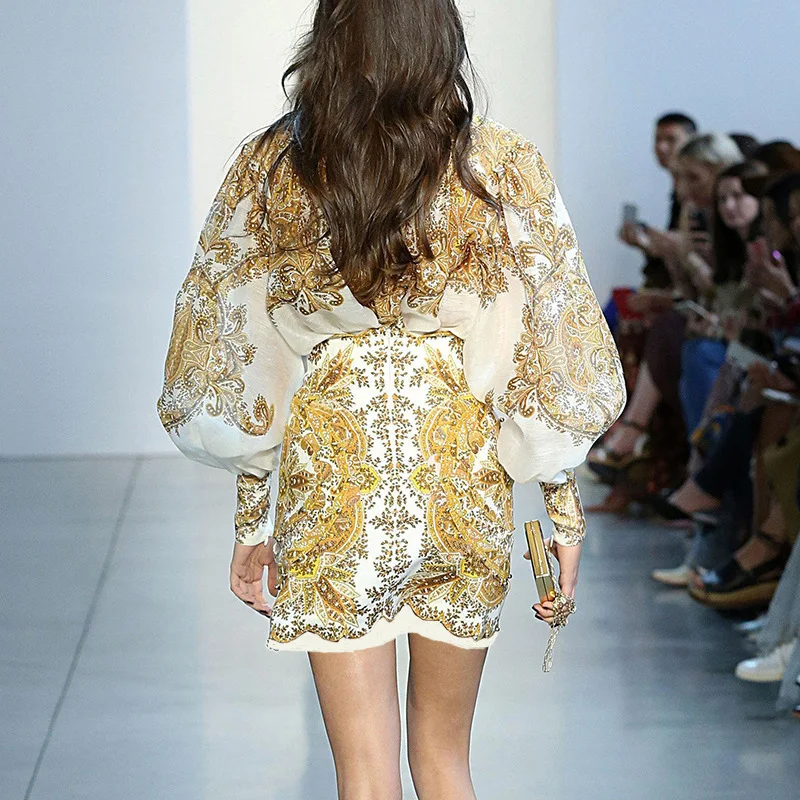 2019 Autumn Long Lantern Sleeve White Golden Floral Print Sexy Tops Short Mini Skirt Women Two Piece Set MH051 | Женская одежда