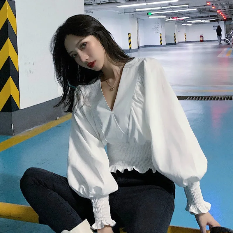 

Women Blouse Tops New White V-Neck Korean Fashion Lantern Loose Sleeve England Office Elegance Female Streetwear Blouses