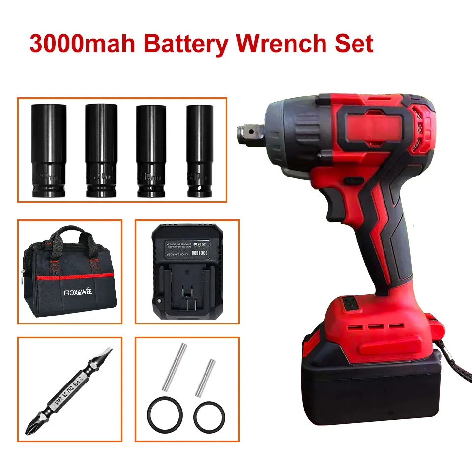 3000MAH wrench Set GOXAWEE 20V бесщеточный Электрический Аккумуляторный ударный гайковерт разъем ведущего колеса ключ, дюймовый стандарт 4000 мА/ч, Батарея ручная дрель Установка Мощность инструменты - Цвет: 3000MAH wrench Set