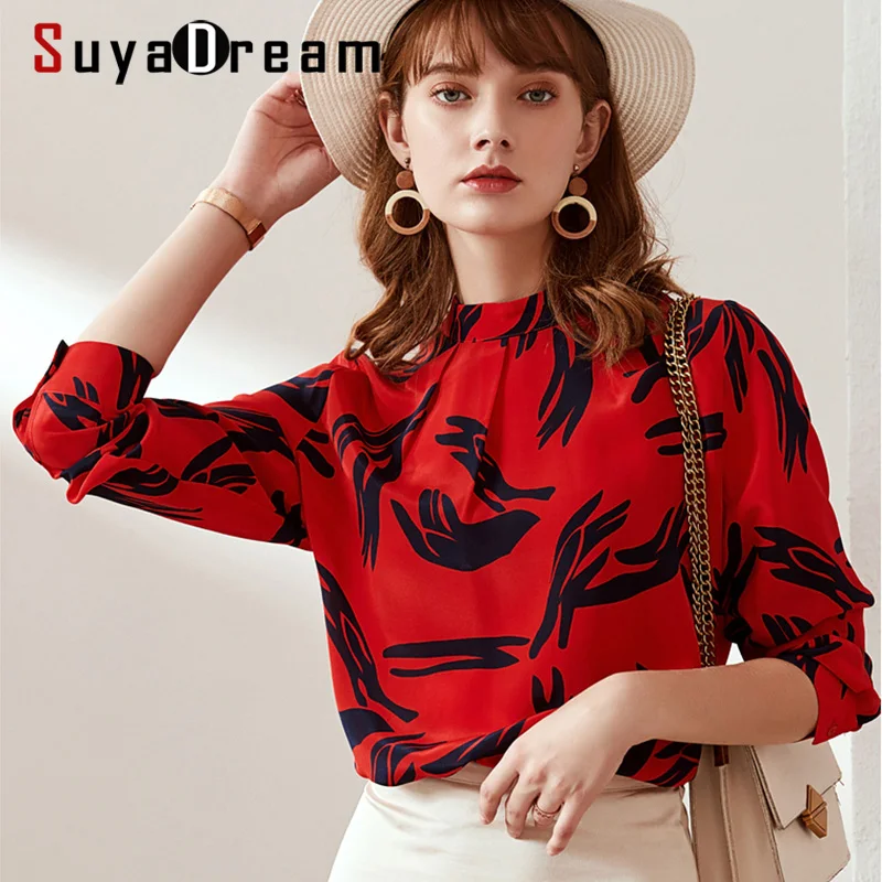 Блузка SuyaDream Женская с воротником стойкой Офисная рубашка из 100% шелка крепа