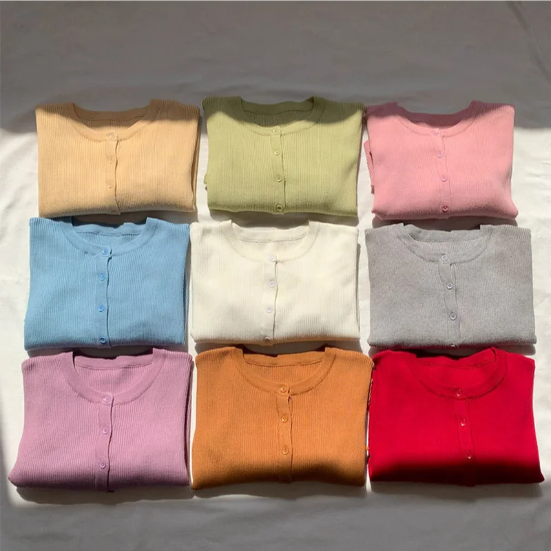 

2021 Spring Korean New Solid Color Short Basic Knitted Cardigan Sweater Jacket Womens Fashion Slim Button Cropped Top Knitwear