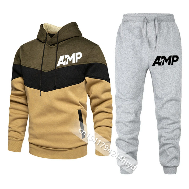 

Trampoline basketball sportswear AMP Funny Men's Patchwork Sweatshirt Hoodies Casual Streetwear+ Pants Male Fashion 2 Piece Sets
