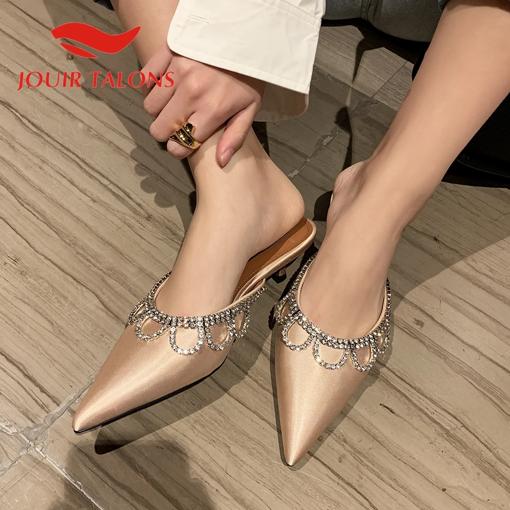 

JOUIR TALONS Dropship Silk Women Mules Sandals Thin Heels Pointed Toe Outside Crystal Summer Women Slides