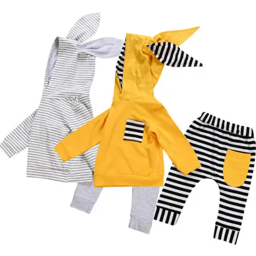 2Pcs Newborn Infant Kid Toddler Baby Boys Girls Clothes Bunny Hooded Cotton Popular Tops +Pants Outfits Set 0-24M |