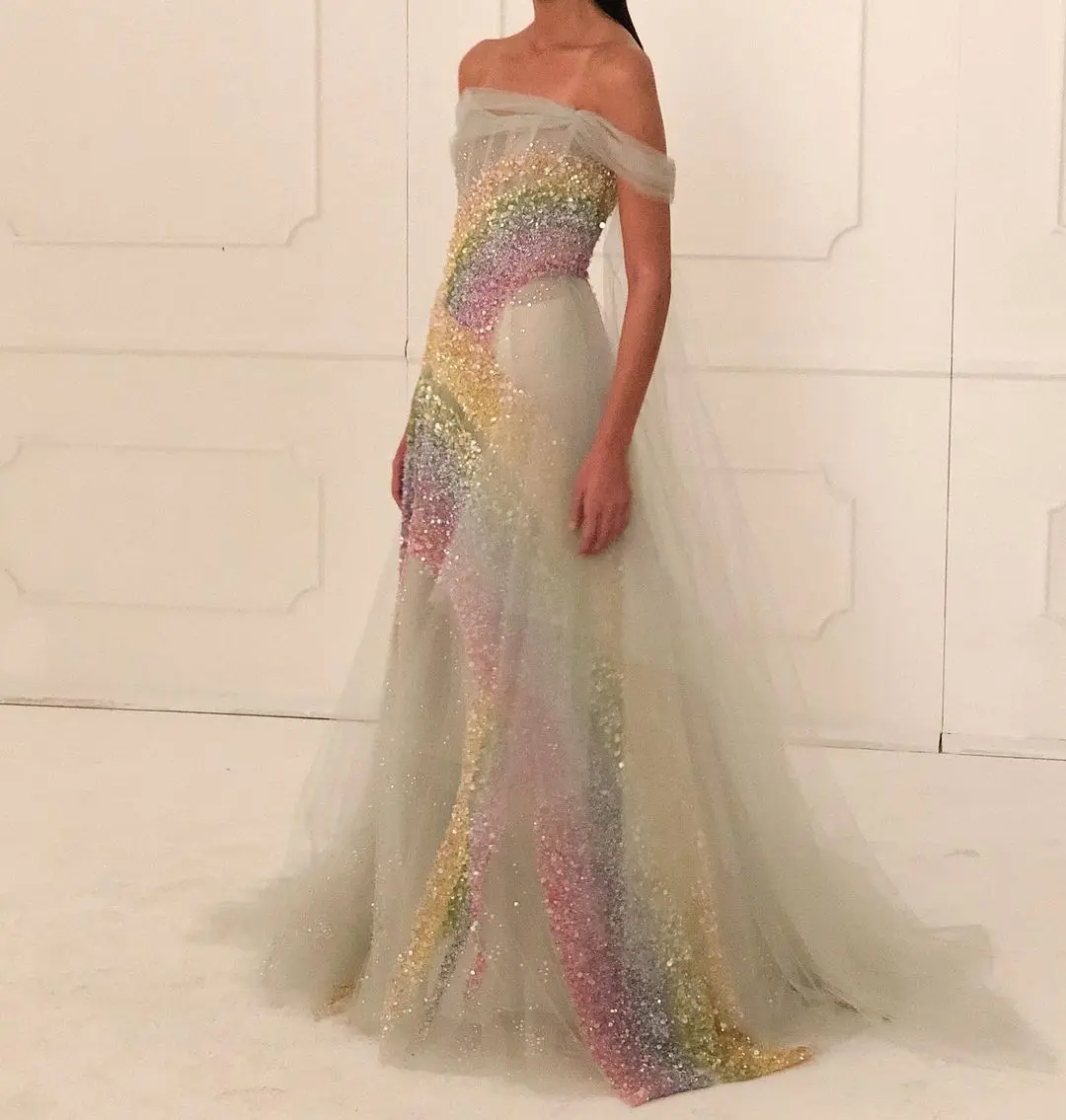 

New Fashion Splicing Sequins and Tulle Evening Gowns Slash Neck Tiered Long Formal Dresses Zipper Back Party Dress 2021 New