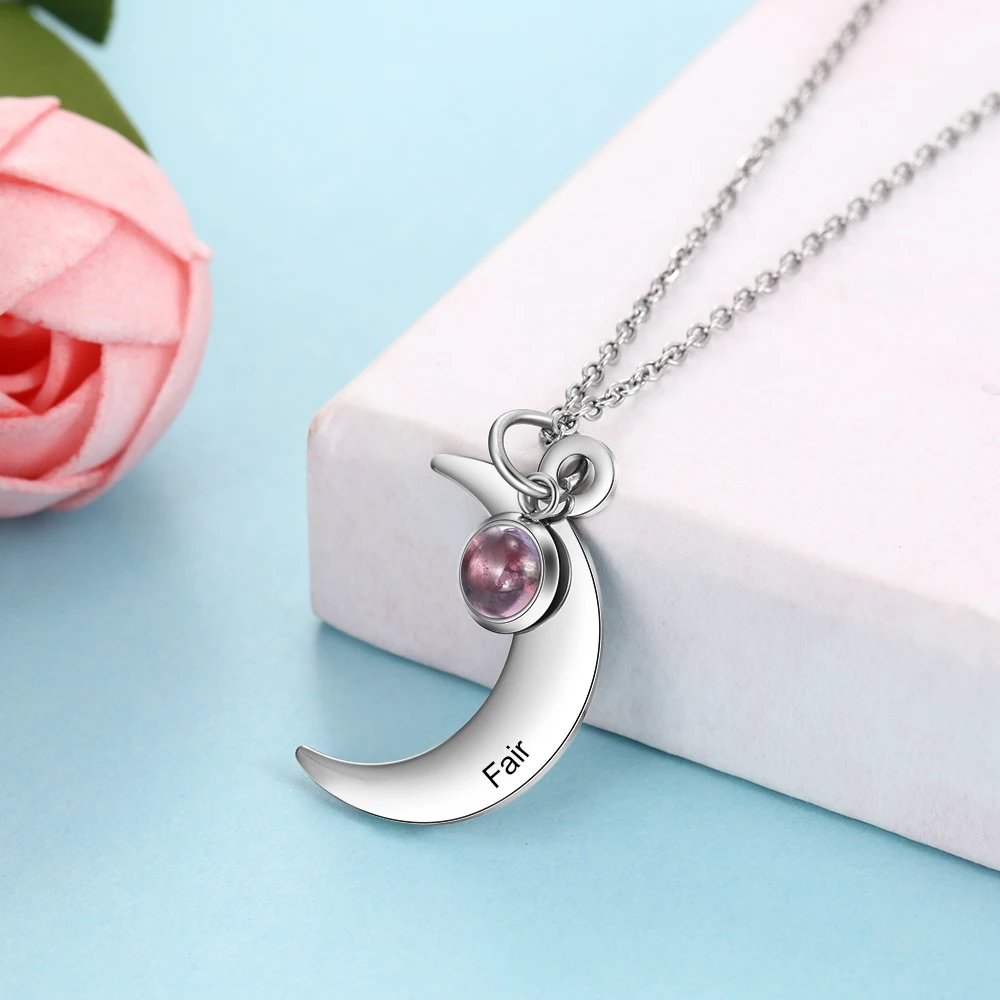 

Personalized Moon Charm Engraved Necklace With Birthstone Custom Name Stainless Steel Necklaces Women Anniversary Gifts