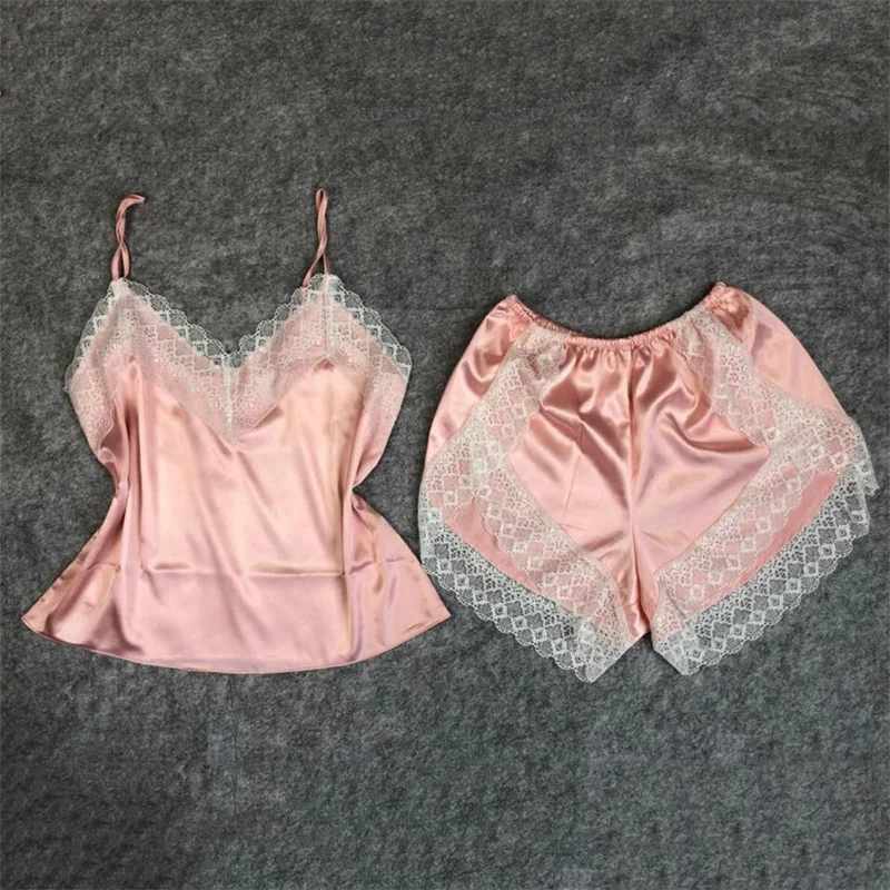 

Ladies Sexy 2 Piece Satin Silk Pajama Set Sleeveless Pyjamas Sleep Shorts Set Lace Pijama Suit Sleepwear For Women Sexy Nighties