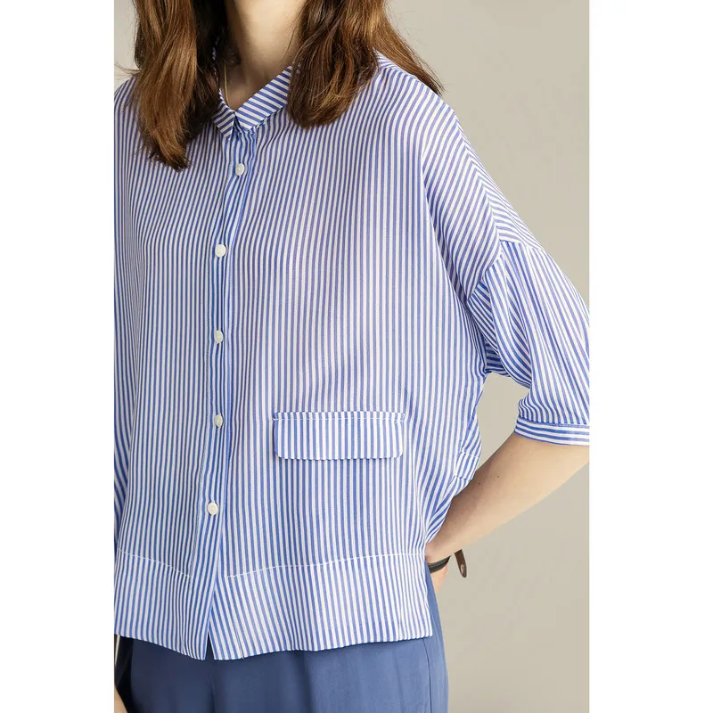 Летняя рубашка из натурального шелка 100% тутового женская блузка в полоску с