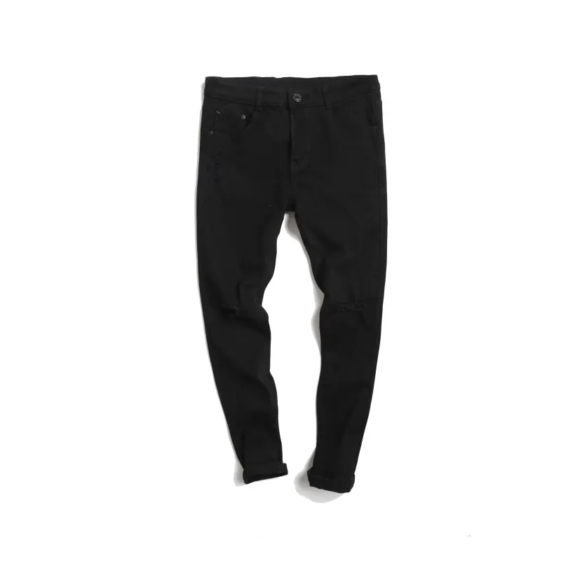 

2021 Summer Men's Jeans White Black Knee Ripped Skinny Fit Pants Solid Stretch Ankle Length Hole Korean Casual Clothing