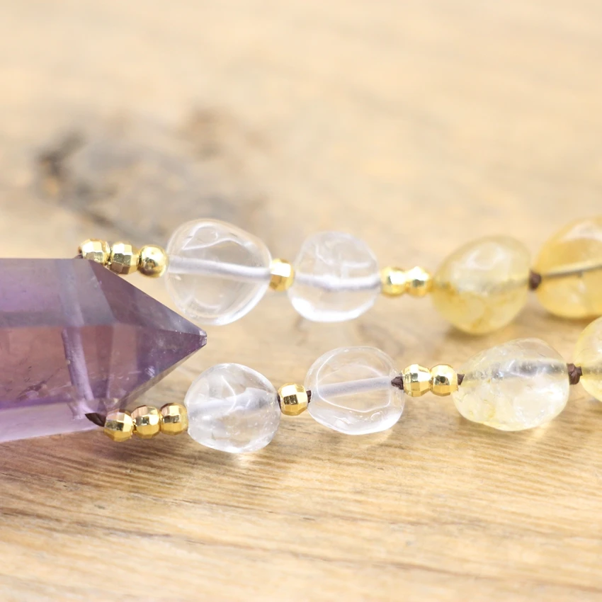 Faceted Amethysts Double Point Pendant Knotted Handmade Necklace Raw Citrines Yellow Quartz Bead Yoga Mala Prayer Jewelry,QC0144