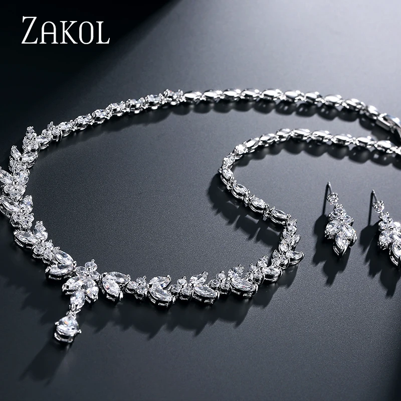 ZAKOL циркониевые брендовые модные белые серьги с фианитами AAA + CZ набор для женщин