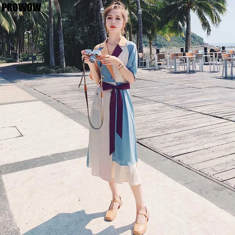 

French Ladies Fashion Color Block Dresses Elegant Korean One-Piece Party Holiday Dress 2021 New Summer Women Chiffon Shirt Dress