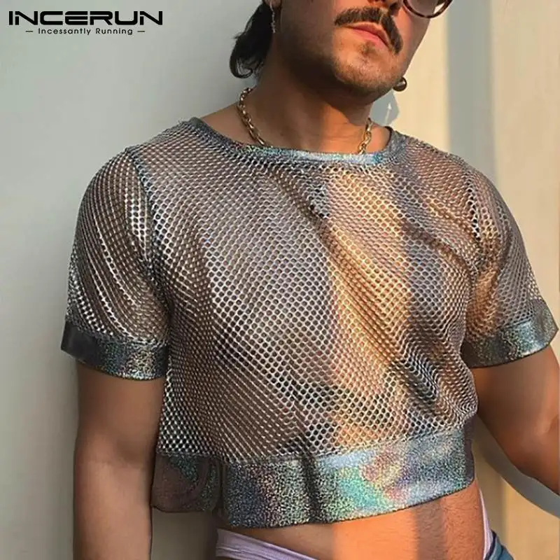 

Men T Shirt See Through Mesh Patchwork Breathable Sexy O-neck Short Sleeve Crop Tops Streetwear Party Casual Men Clothing S-5XL