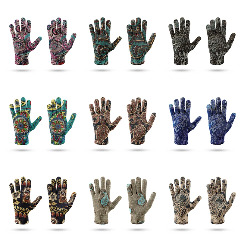 

3D Retro Ethnic Style Ladies Gloves Winter Warm Mandala Full Finger Glove Women's Touch Screen Mobile Phone Cold-Proof Mitten