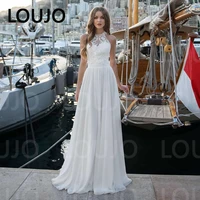 luojo chiffon wedding dresses floor length a line sleeveless halter lace appliques civil beach bridal gown with button back