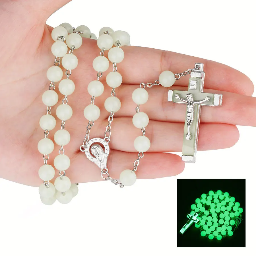 Glow In The Dark Rosary Necklace For Women INRI Crucifix Cross Pendant 8MM Beaded chains Religion faith Jewelry