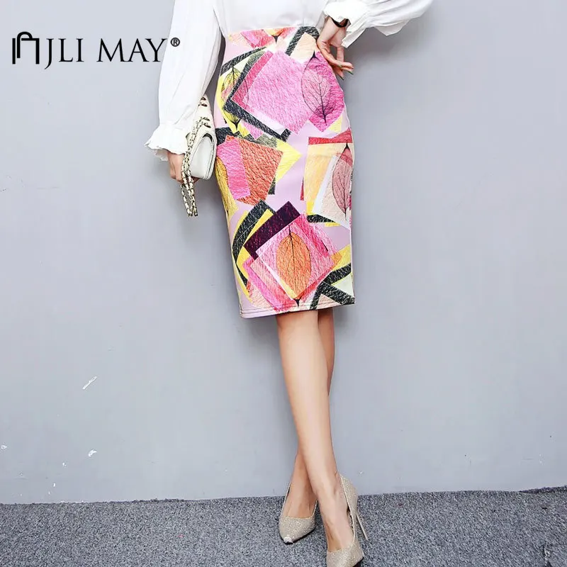 

JLI MAY Women's Skirt Elegant Geometric Print Casual Office Lady Empire Midi Pencil Skirts