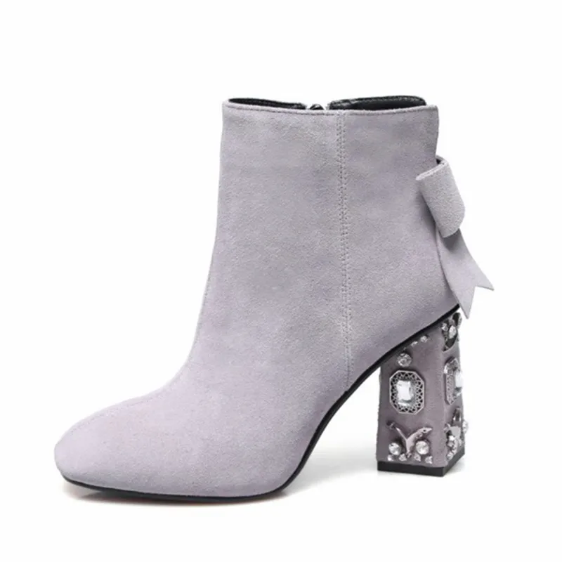 Роскошные замшевые ботильоны для женщин Стразы с квадратным носком на высоком