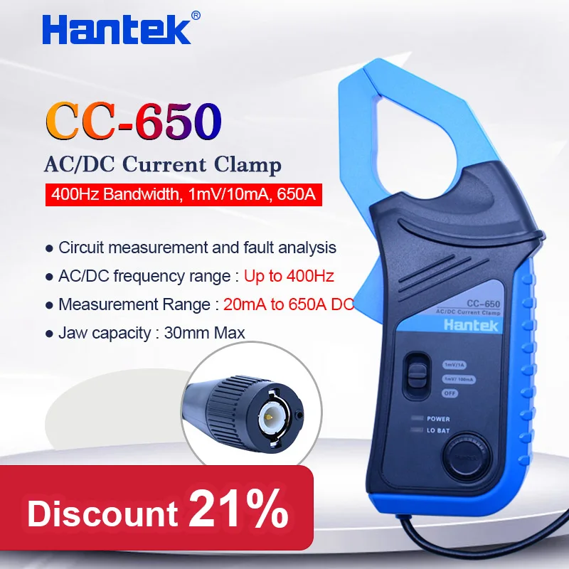 

Hantek AC/DC Current Clamp Meter CC65 CC650 for Oscilloscope 400Hz Bandwidth 1mV/10mA 650A CC-650 with BNC/Banana Type Connector