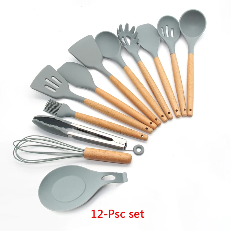 12-Pcs kitchen set 11-13 шт Силиконовая кухонная утварь набор кухонной утвари антипригарный шпатель Премиум деревянная ручка с ящиком для хранения кухонные инструменты - Цвет: 12-Pcs kitchen set