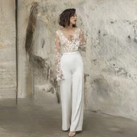modest bridal satin jumpsuit wedding gown puffy long sleeves 2022 sexy illusion lace bodice receipt party dress wedding dress