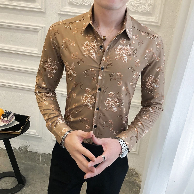 Рубашка мужская с длинным рукавом и принтом в виде цветка | Мужская одежда