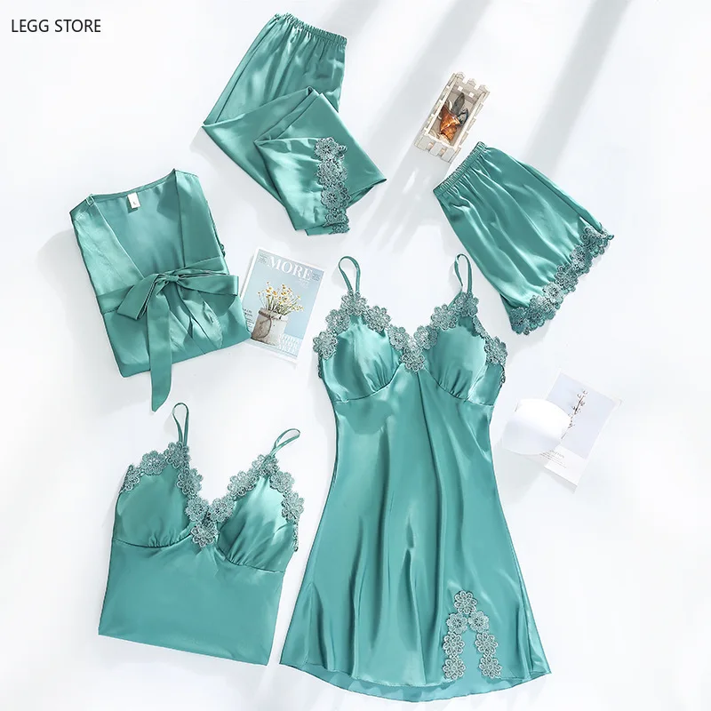 

Women Dressing Gown 5Piece Sexy Pajamas Set Lace Sling Shorts Summer Robe Sleepwear Lace Silk Satin Pajamas Set For Women