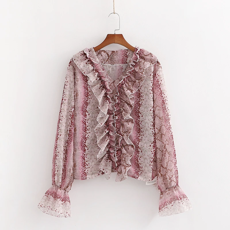 Женская шифоновая блузка со змеиным принтом Повседневная Блузка с v образным