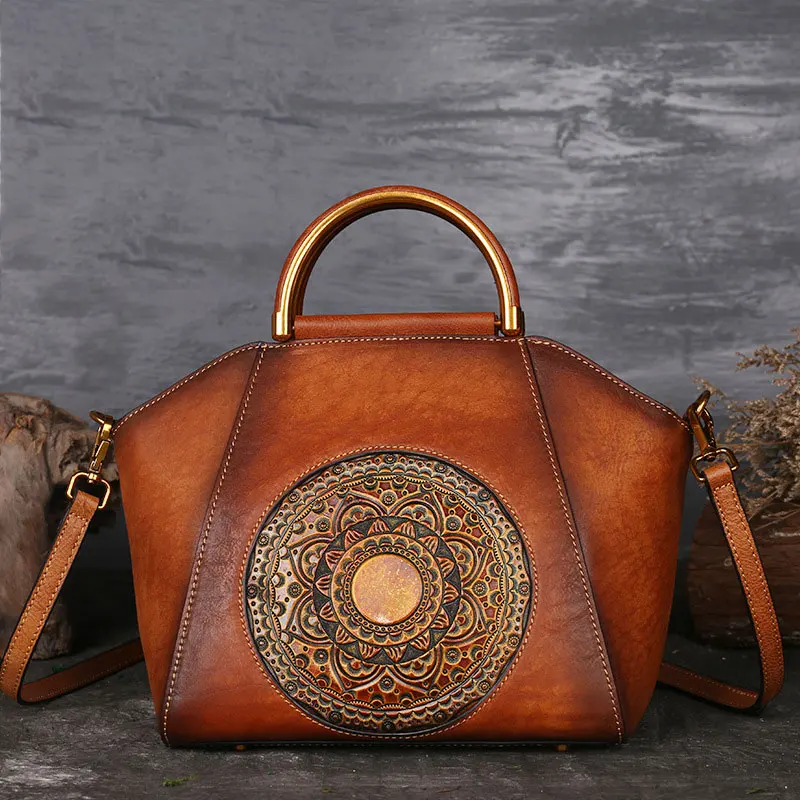 Retro Women Shoulder Bags Vintage Genuine Cowhide Leather Handbags Chinese Original Print Totem Pattern Handmade Female Tote Bag