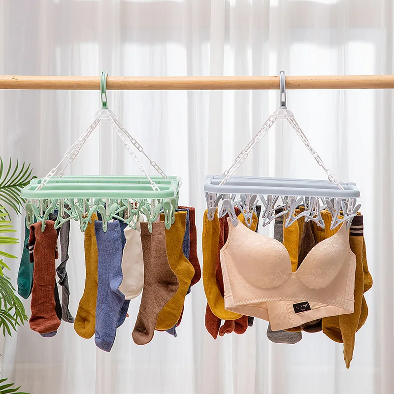 

32 Clips Folding Clothes dryer Hanger Children Adults Clothes Dryer Windproof Socks Underwear Plastic Drying Rack
