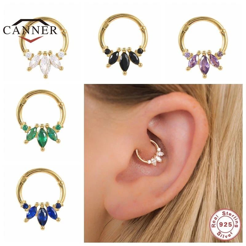 

CANNER 925 Sterling Silver Round Pierced Cartilage Earrings for Women Zircon Round Nose Ring Huggie Hoop Earring Fine Jewelry