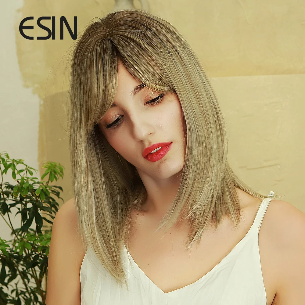 ESIN серый золотой средней длины прямой парик с челкой INS косплей натуральные