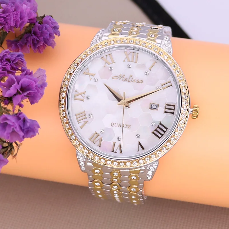 Auto Date Men's Watch Women's Watch Japan Mov Fashion Rhinestone Shell Luxury Crystal Lovers' Watch Birthday Gift Melissa Box