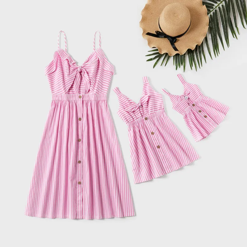 

Mom and Daughter Dress Striped V-neck Knotted Button Mother and Daughter Clothes Summer Family Matching Clothes Baby Girl Dress