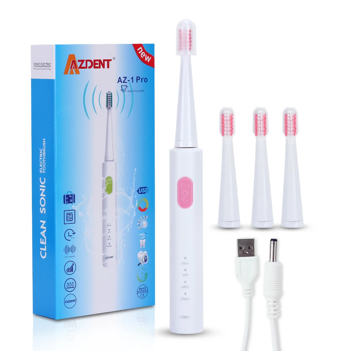 

Toothbrush 5 Modes AZ-9 Pro Sonic Electric USB Rechargeable+ Replacement Heads Waterproof Timer for Adults Tooth Whitening Brush