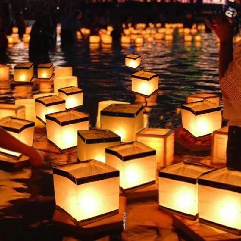10pcs/lot 10cm/15cm Square Water Floating Candle lantern Waterproof Chinese Wishing Paper Lanterns for Wedding Party Decoration