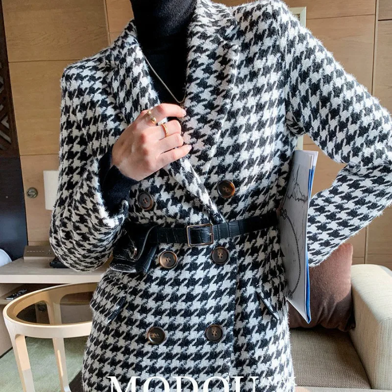 

New Women Spring Jacket with Waist Bag Long Sleeve Houndstooth Woolen Loose Suit Coat Female Fashion Turn-dowm Collar Slim Suit