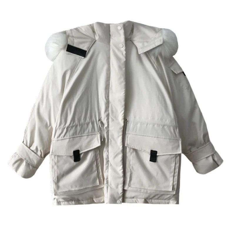 

Женская куртка из натурального меха, толстая парка с поясом и завязкой на молнии, пальто из белого утиного меха енота, верхняя одежда для зим...