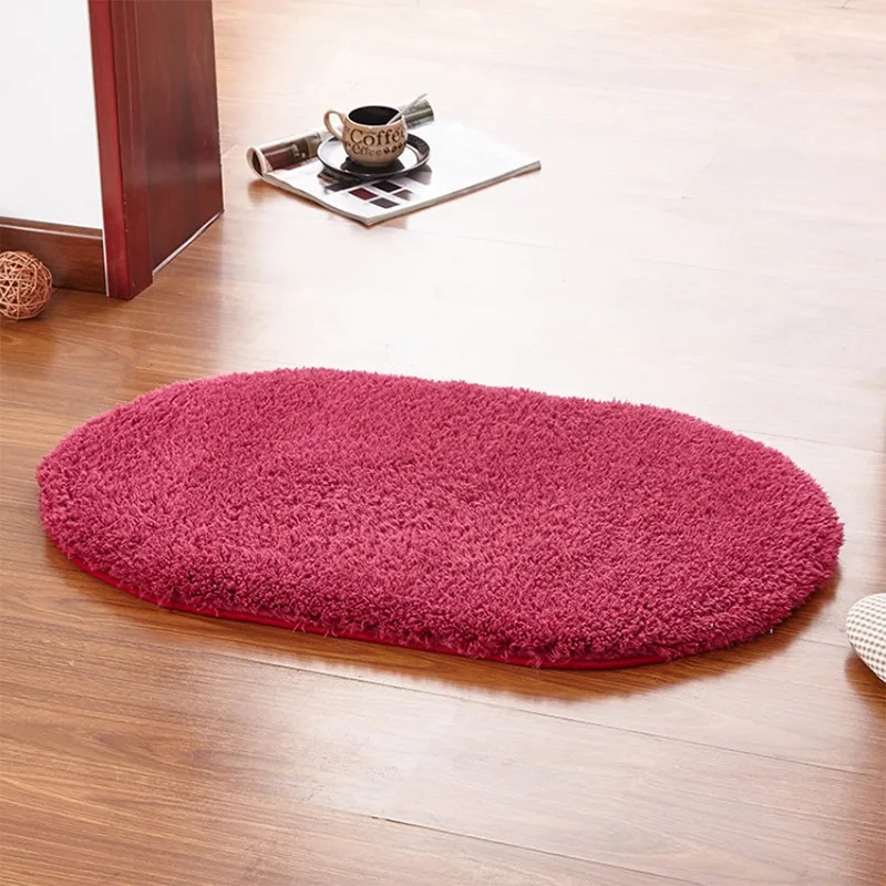 

40*60cm Soft Plush Bath Mats Water Absorption Non-Slip Bathroom Bedroom Doorway Floor Rug Solid Oval Thick Carpets Wine Red