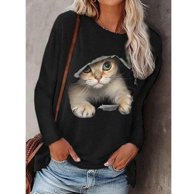 2021 Fashion Ladies Round Neck Pullover Cat Long Sleeve T-Shirt Casual Printed Autumn Cotton Long Ladies Shirt Fashion Loose Top