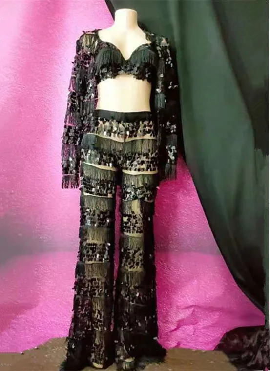 Женский сетчатый бюстгальтер с кисточками и блестками черно-белый костюм для