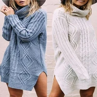 autumn and winter new fashion ladies knit sweater long hem slit twist high neck solid color sweater women