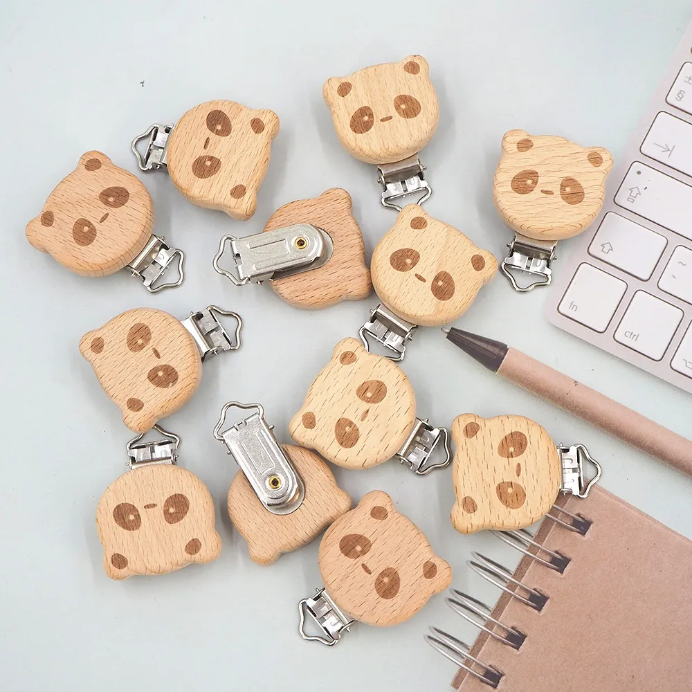 Chenkai-Clips de estrella redonda para coche, cadena de chupete natural de oso de madera, coraz&oacute;n, p&aacute;jaro, elefante, libre de BPA, bricolaje, 50 Uds.-5