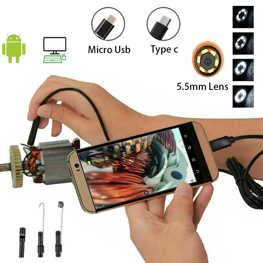 

5.5MM Car Endoscope 480P Piping Endoscopic Video Micro USB Inspection Snake Camera Type c Sewer Borescope for Android Smartphone