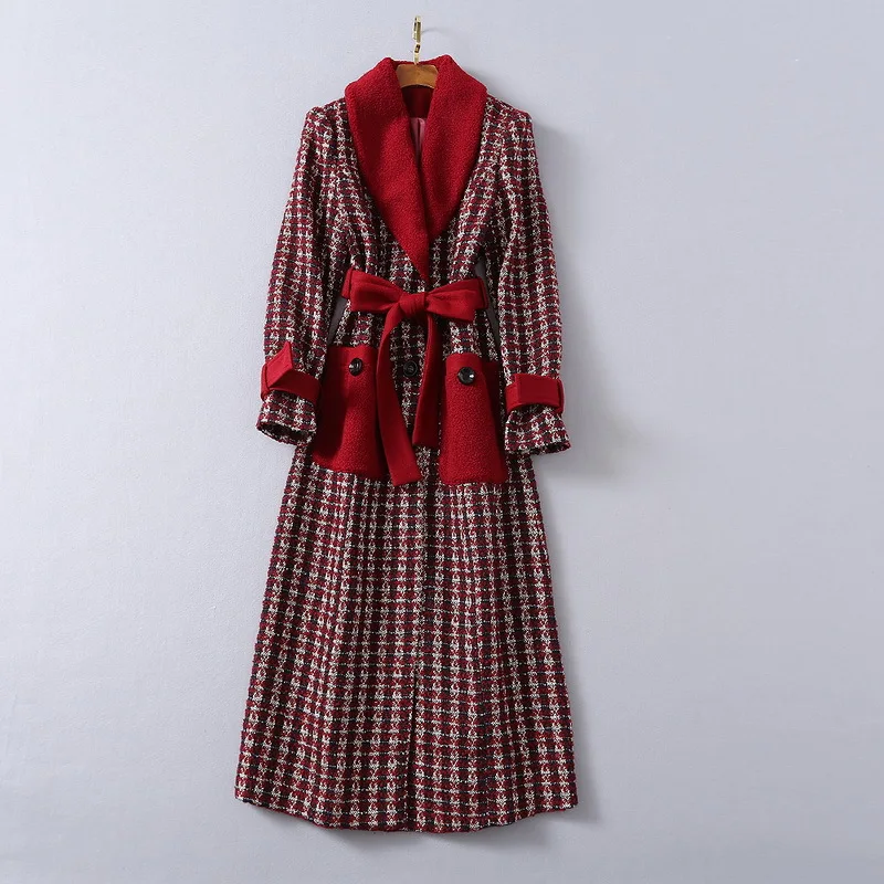 

Женская одежда в европейском и американском стиле, новинка зимы 2020, стильное модное твидовое красное пальто с длинными рукавами, большими карманами и шнуровкой