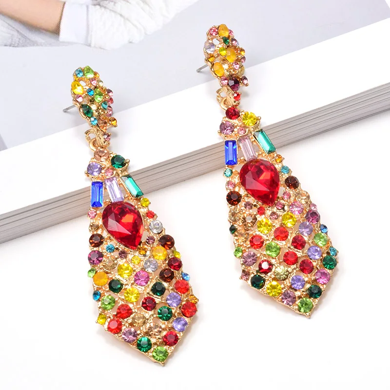 Женские винтажные серьги подвески Длинные цветные металлические стразы в