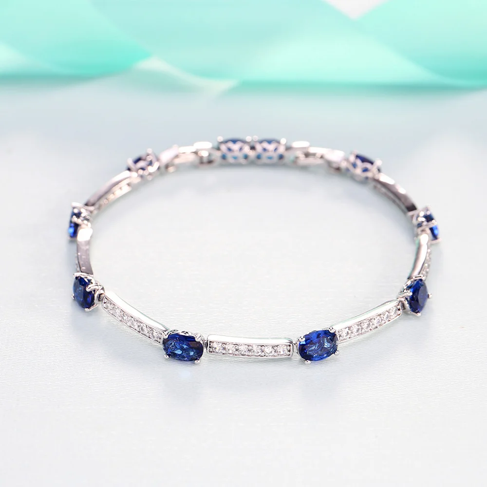 Blue LADYCHIC роскошный голубой зеленый овальный циркон серебряный цвет браслеты очаровательный кристалл невесты свадебные украшения для женщин Модный браслет LB1001 - Окраска металла: Blue