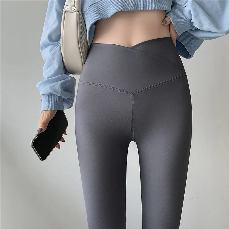 

Cross v-waist Yoga Pants women's new autumn abdomen and hips, wearing elastic high waist gray shark skin Barbie pants