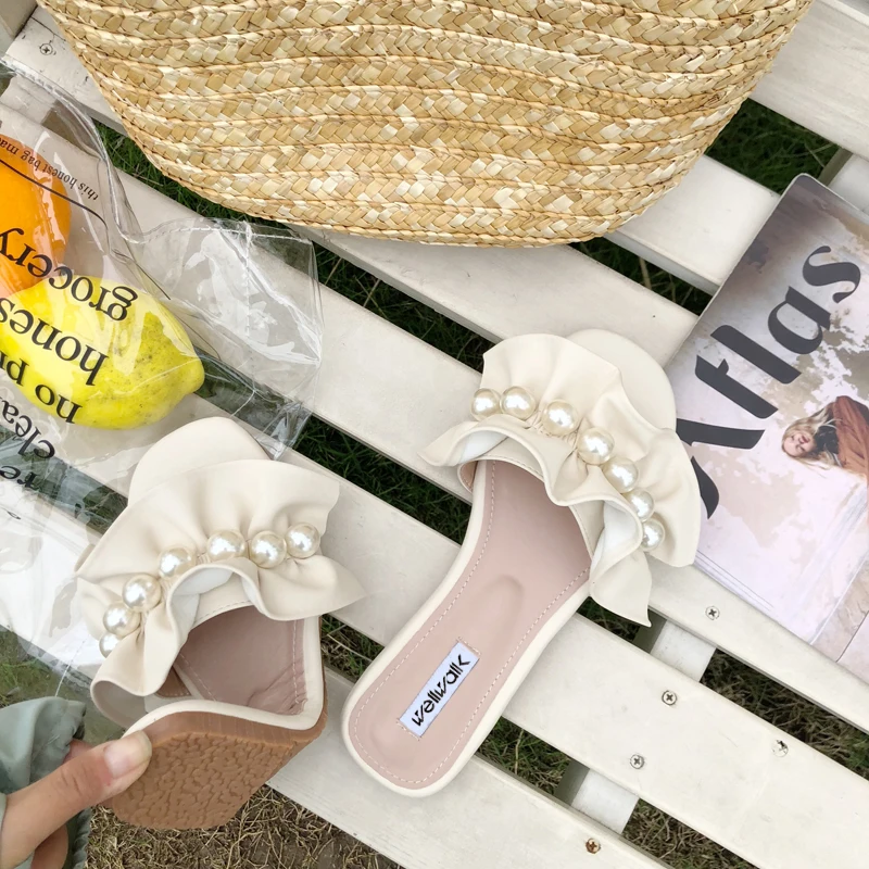 Шлепанцы со стразами Летняя обувь Женские шлепанцы Модные дизайнерские с рюшами