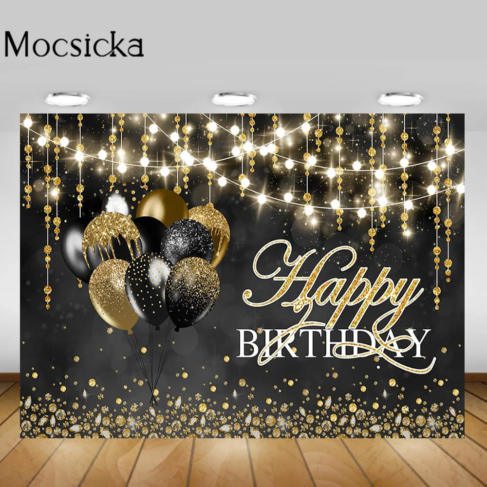 

Mocsicka Glitter Happy Birthday Backdrop Women Birthday Party Decor Photo Background Golden Black Balloons Pendant Studio Banner